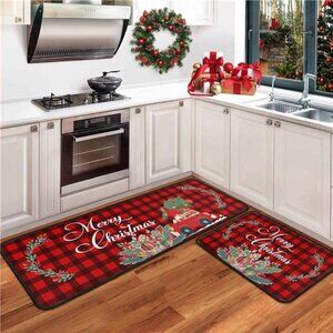 Christmas Kitchen Rugs and Mats Set of 2 Kitchen Floor Mat Non-Slip Backing